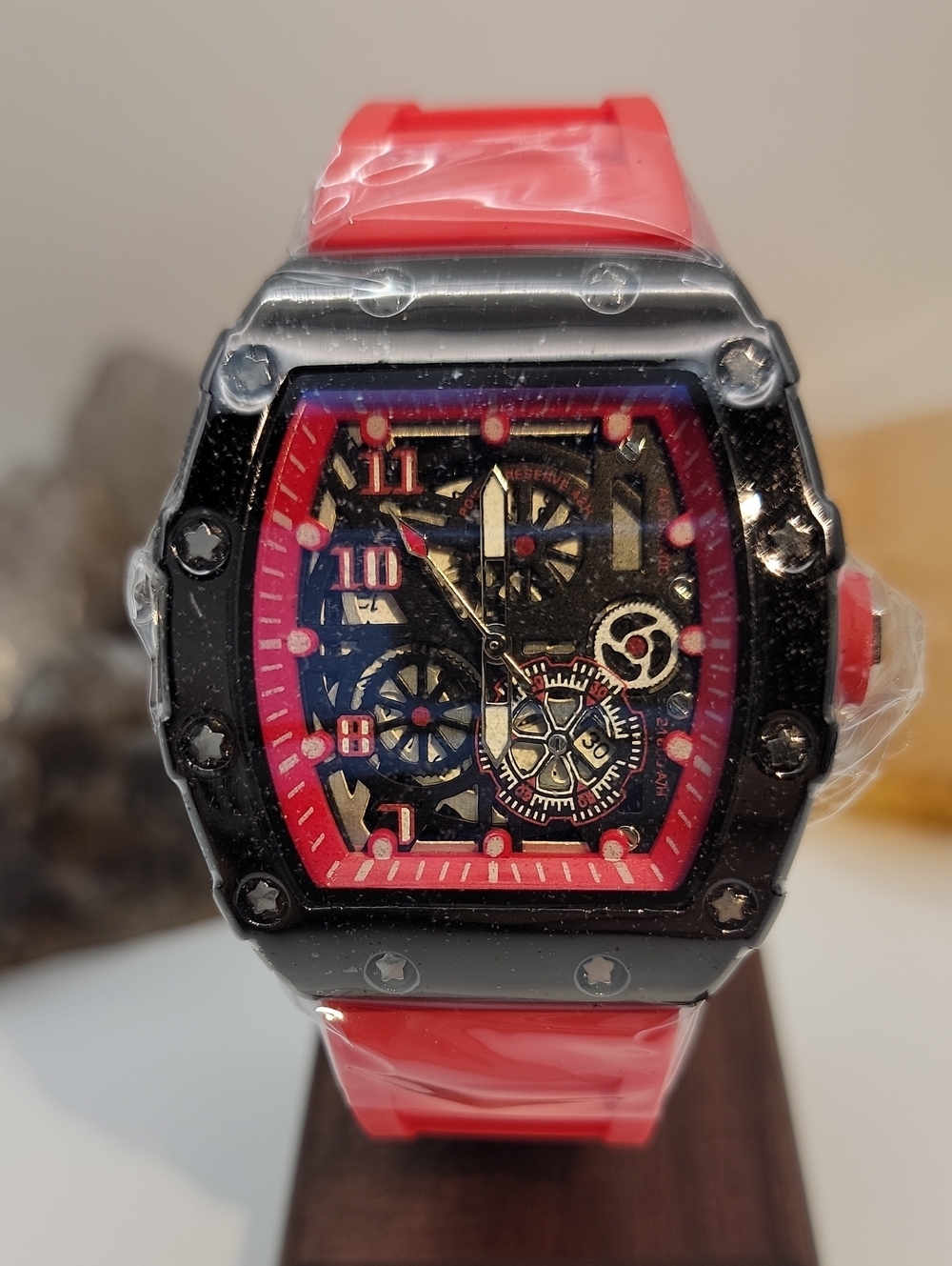 NEW⌚️AJ Quality Watches Black Skeleton Style Quartz Watch 42mm Red Silicone Band